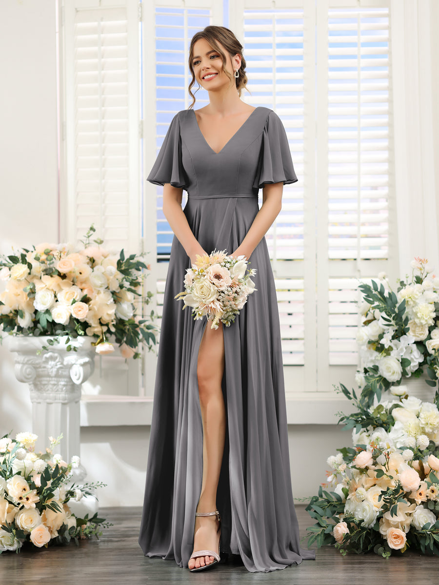 A-Line V-Neck Short Sleeves Split Side Ruffles Chiffon Bridesmaid Dresses Silver Gray