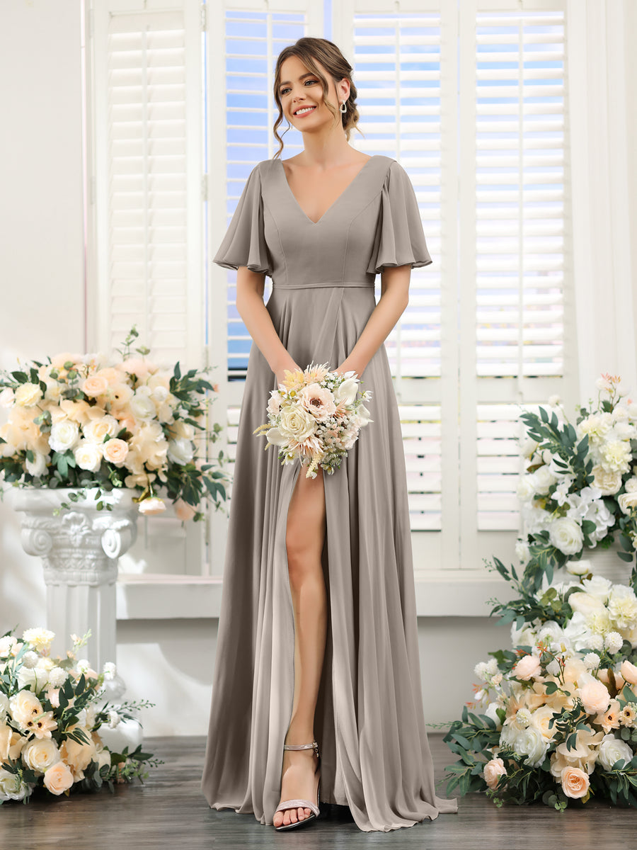 A-Line V-Neck Short Sleeves Split Side Ruffles Chiffon Bridesmaid Dresses Taupe