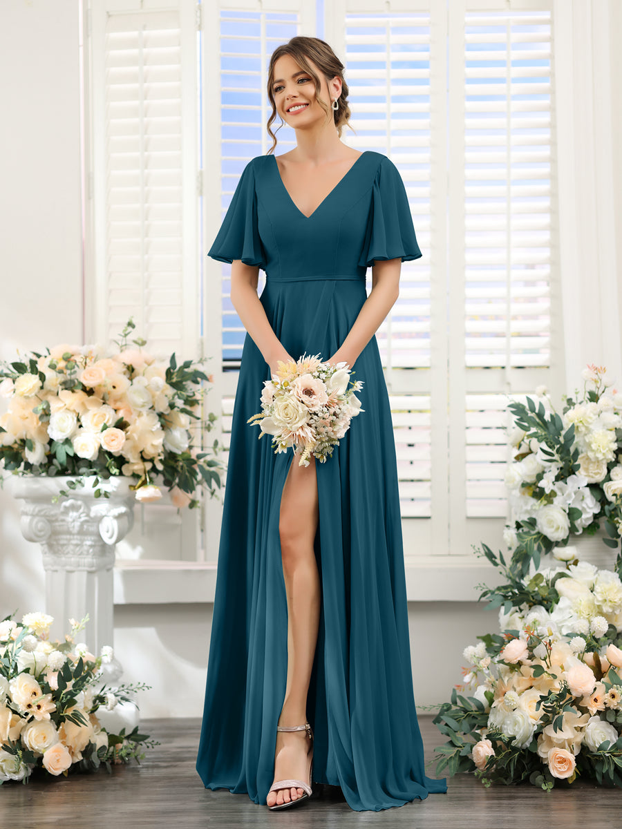 A-Line V-Neck Short Sleeves Split Side Ruffles Chiffon Bridesmaid Dresses Teal
