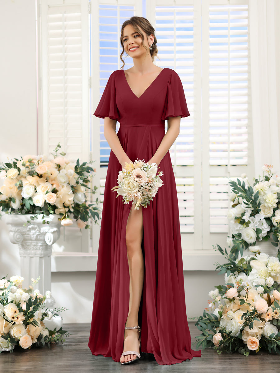 A-Line V-Neck Short Sleeves Split Side Ruffles Chiffon Bridesmaid Dresses Wine Red
