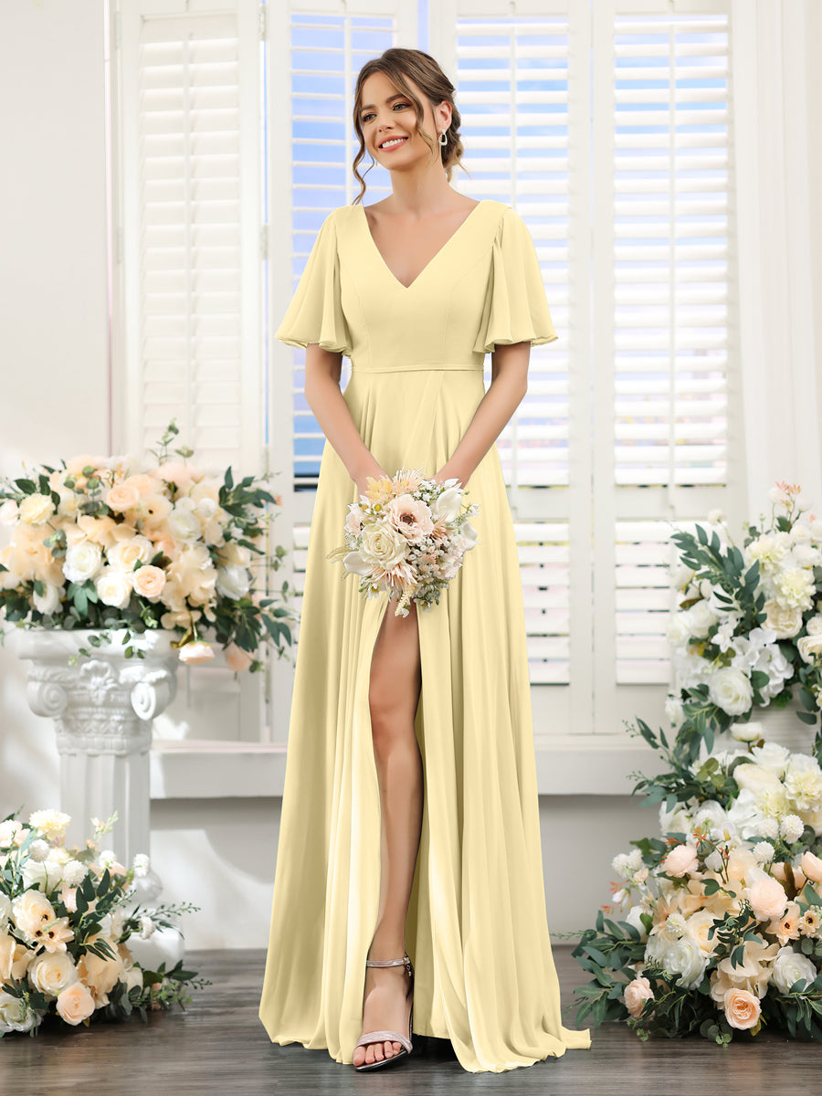 A-Line V-Neck Short Sleeves Split Side Ruffles Chiffon Bridesmaid Dresses Yellow