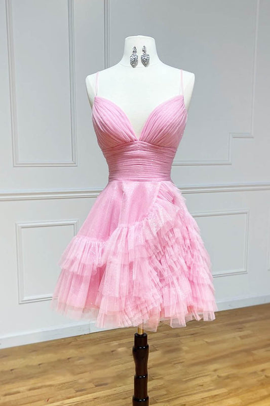 Blush Pink Graduation Dress Spaghetti Straps Tulle Short Party Dress