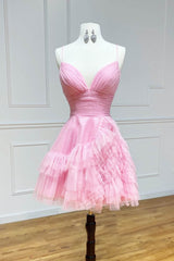 Pink Graduation Dress Spaghetti Straps Tulle Short Party Dress