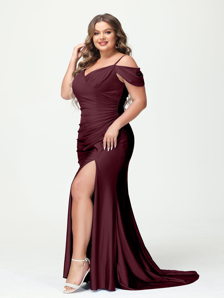 Mermaid Spaghetti Straps V-Neck Short Sleeves Plus Size Maxi Dresses with Split Side Burgundy