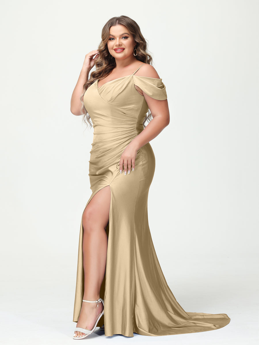 Mermaid Spaghetti Straps V-Neck Short Sleeves Plus Size Maxi Dresses with Split Side Champagne