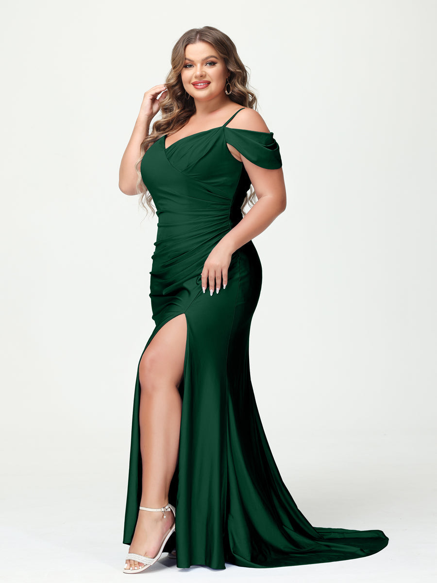 Mermaid Spaghetti Straps V-Neck Short Sleeves Plus Size Maxi Dresses with Split Side Dark Green