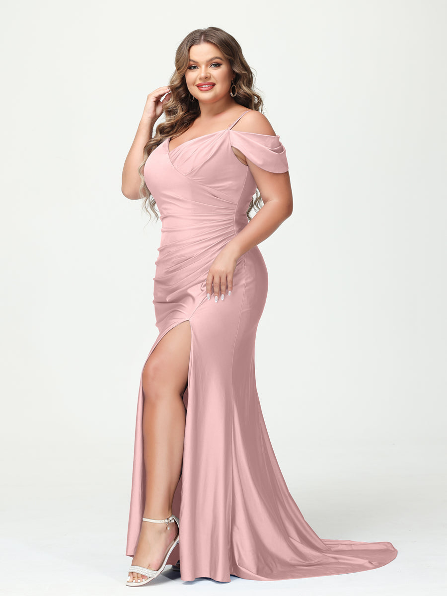 Mermaid Spaghetti Straps V-Neck Short Sleeves Plus Size Maxi Dresses with Split Side Dusty Pink