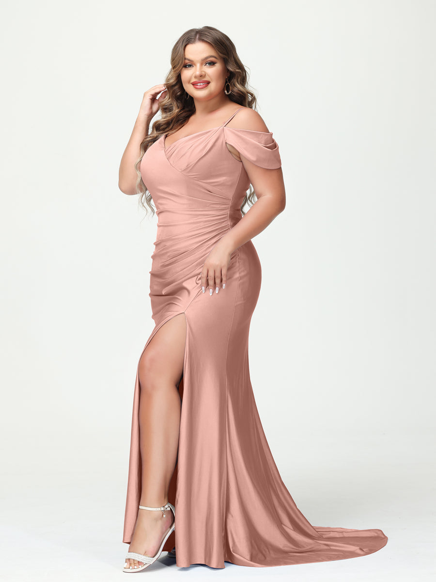 Mermaid Spaghetti Straps V-Neck Short Sleeves Plus Size Maxi Dresses with Split Side Dusty Rose