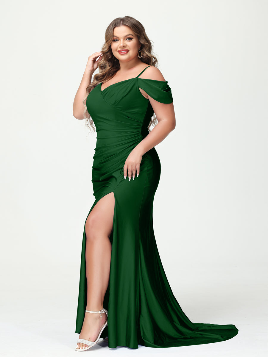 Mermaid Spaghetti Straps V-Neck Short Sleeves Plus Size Maxi Dresses with Split Side Emerald