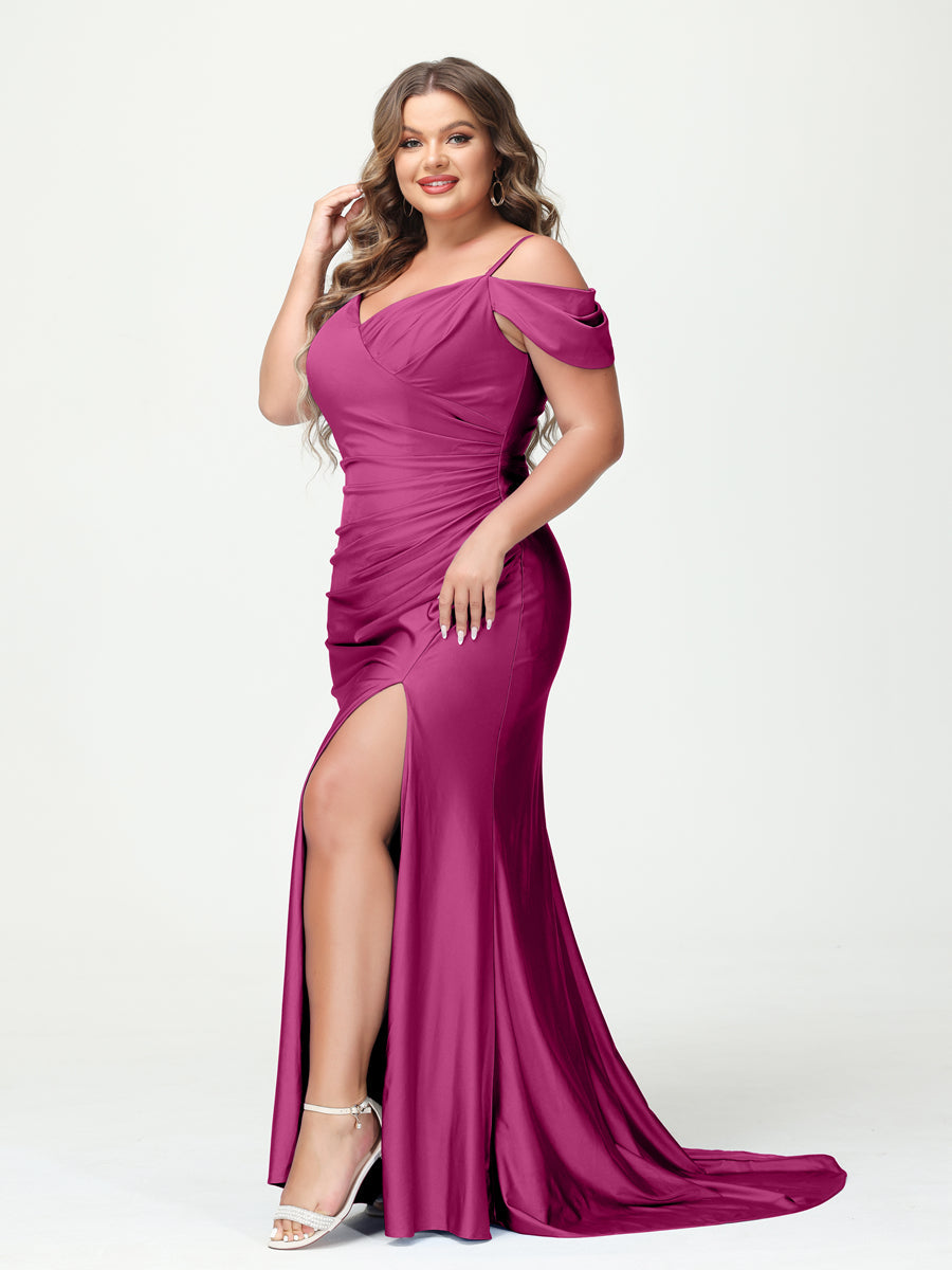 Mermaid Spaghetti Straps V-Neck Short Sleeves Plus Size Maxi Dresses with Split Side Fuchsia