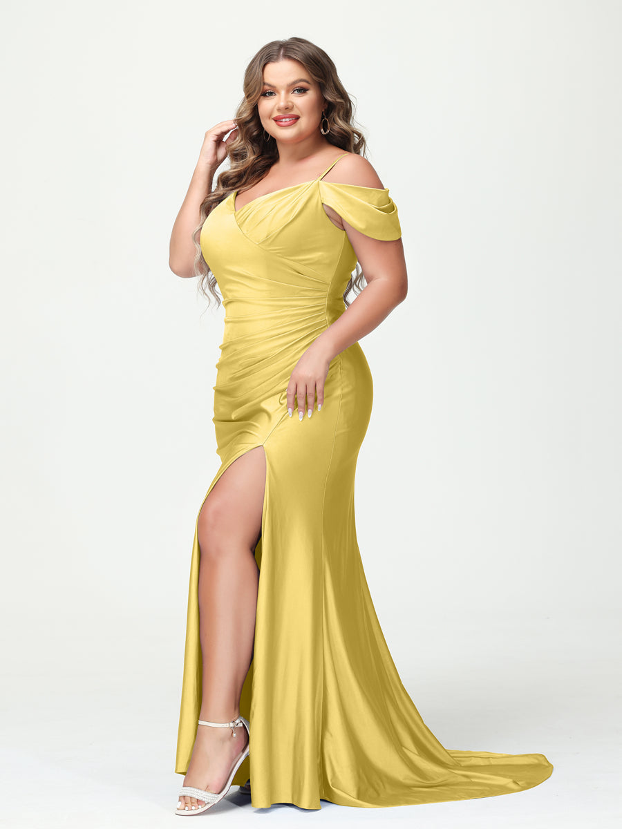 Mermaid Spaghetti Straps V-Neck Short Sleeves Plus Size Maxi Dresses with Split Side Custom Color