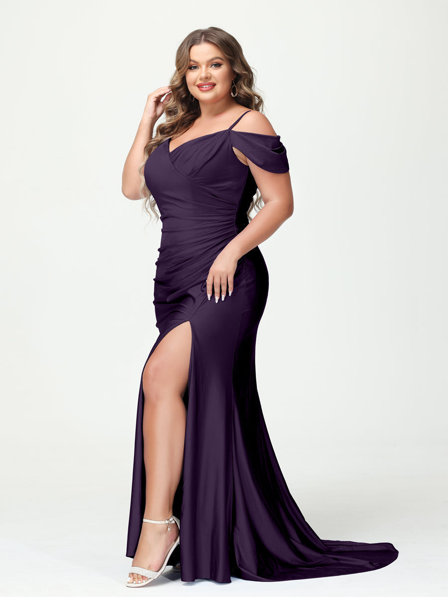 Mermaid Spaghetti Straps V-Neck Short Sleeves Plus Size Maxi Dresses with Split Side Grape