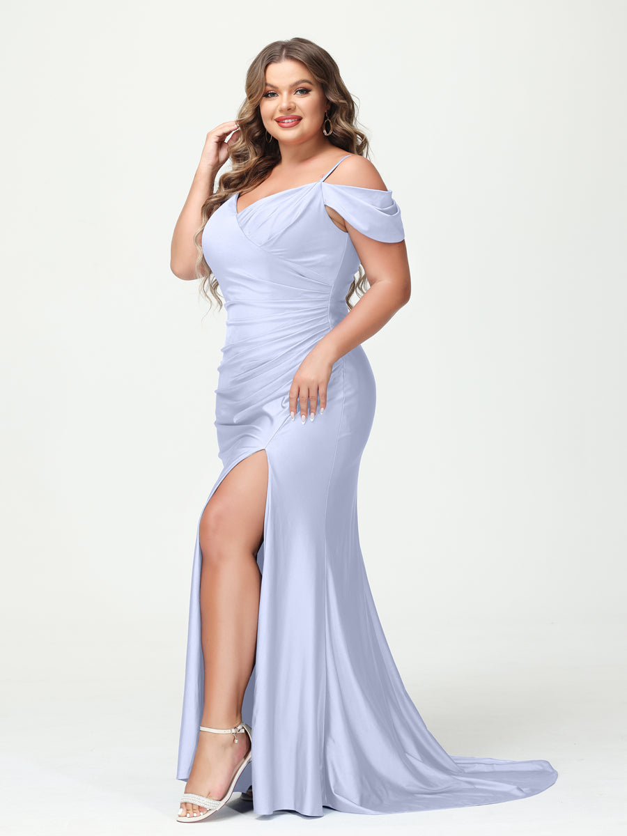 Mermaid Spaghetti Straps V-Neck Short Sleeves Plus Size Maxi Dresses with Split Side Lavender