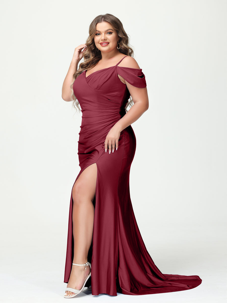 Mermaid Spaghetti Straps V-Neck Short Sleeves Plus Size Maxi Dresses with Split Side Light Burgundy