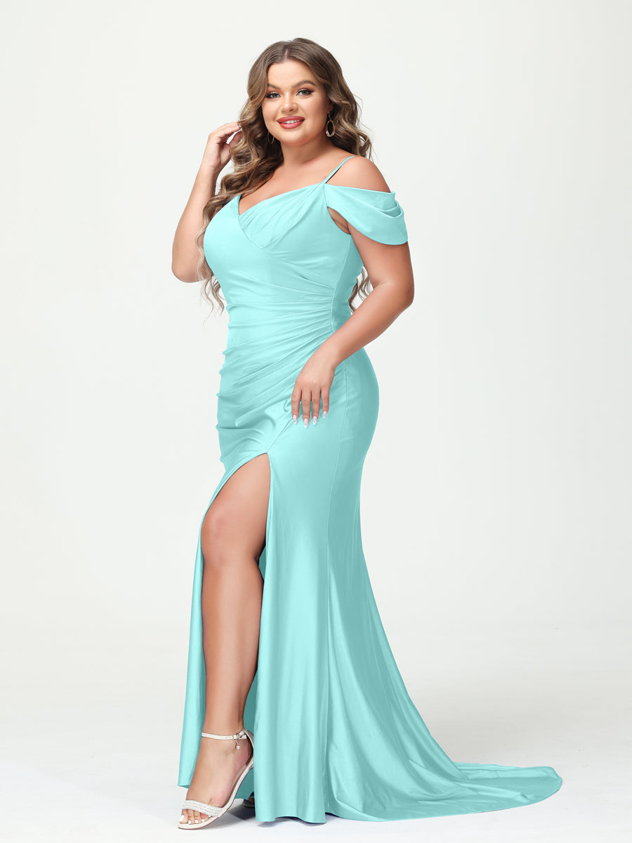 Mermaid Spaghetti Straps V-Neck Short Sleeves Plus Size Maxi Dresses with Split Side Light Sky Blue