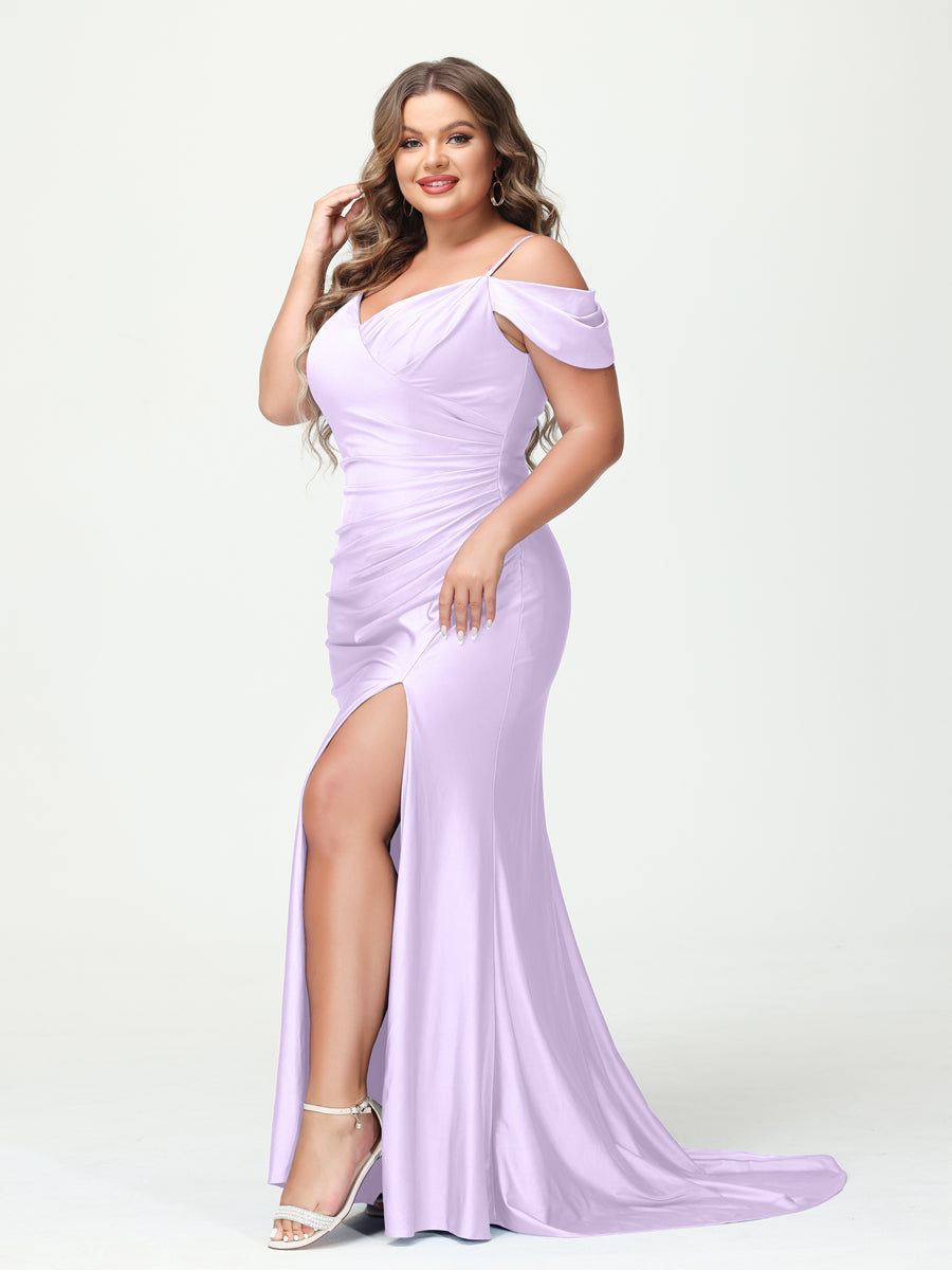 Mermaid Spaghetti Straps V-Neck Short Sleeves Plus Size Maxi Dresses with Split Side Lilac