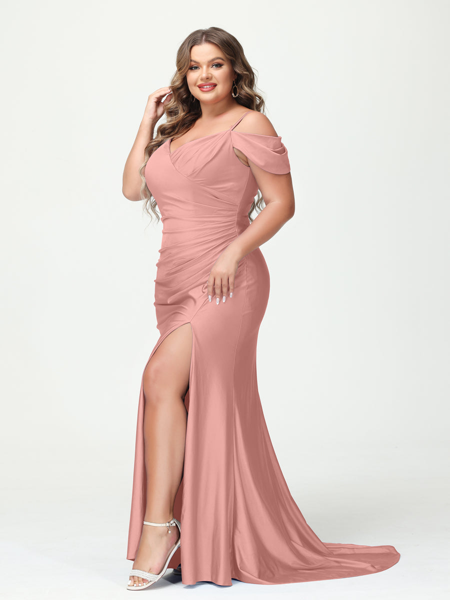 Mermaid Spaghetti Straps V-Neck Short Sleeves Plus Size Maxi Dresses with Split Side Mauve