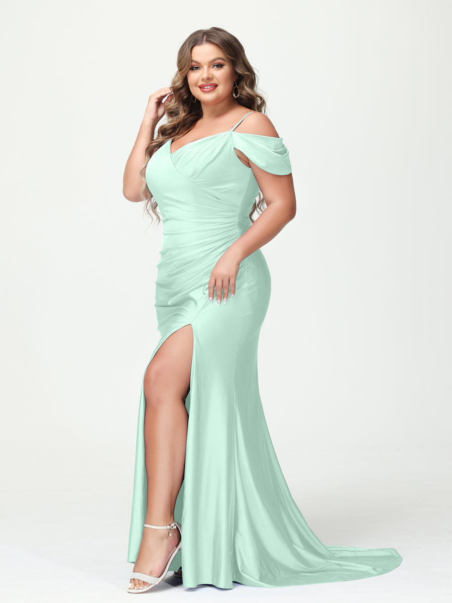 Mermaid Spaghetti Straps V-Neck Short Sleeves Plus Size Maxi Dresses with Split Side Mist Blue