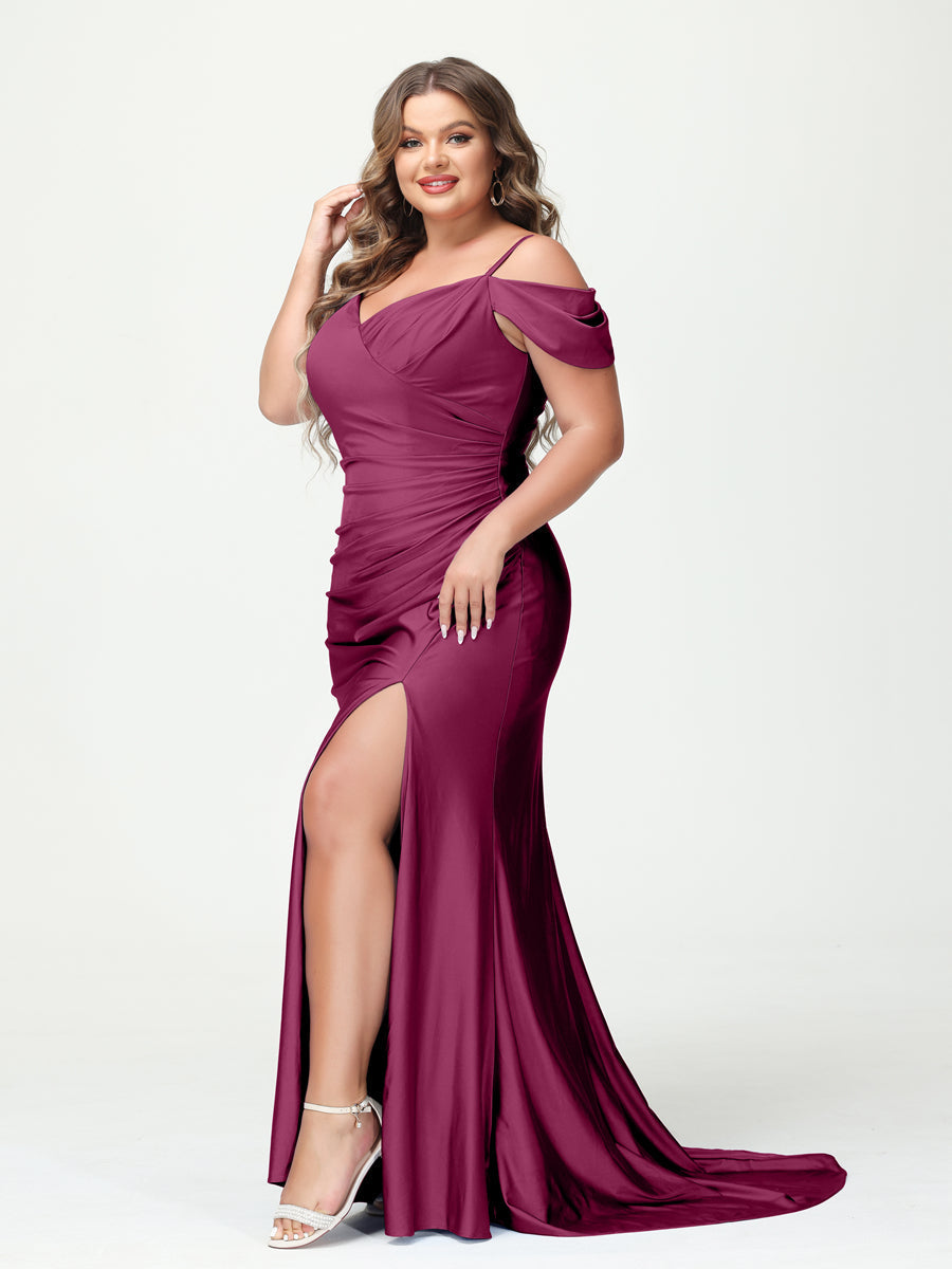 Mermaid Spaghetti Straps V-Neck Short Sleeves Plus Size Maxi Dresses with Split Side Mulberry