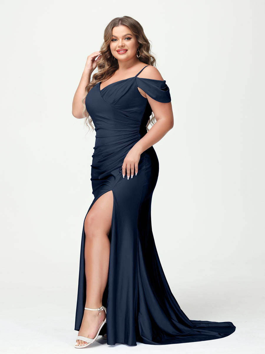 Mermaid Spaghetti Straps V-Neck Short Sleeves Plus Size Maxi Dresses with Split Side Navy Blue
