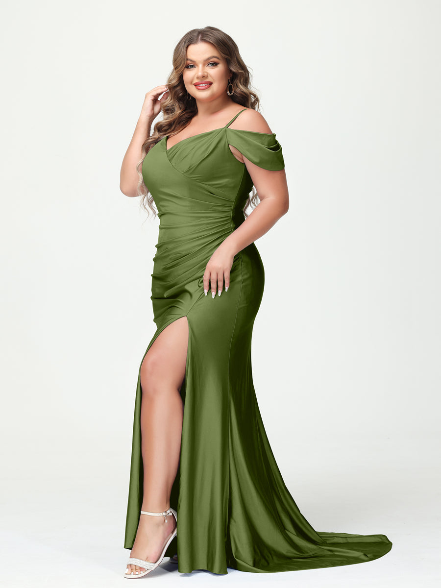 Mermaid Spaghetti Straps V-Neck Short Sleeves Plus Size Maxi Dresses with Split Side Olive Green