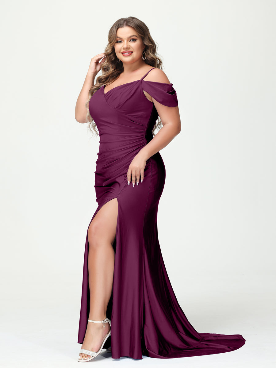 Mermaid Spaghetti Straps V-Neck Short Sleeves Plus Size Maxi Dresses with Split Side Orchid