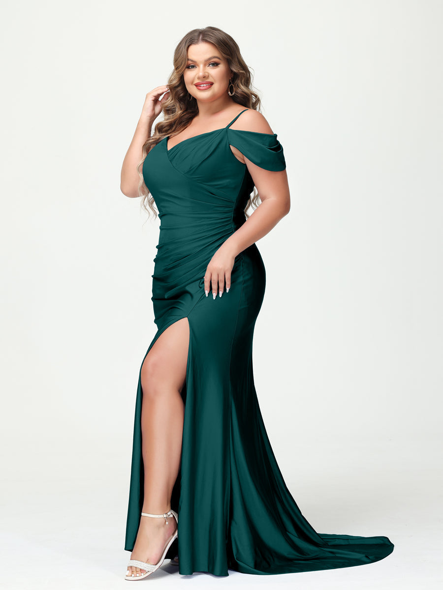 Mermaid Spaghetti Straps V-Neck Short Sleeves Plus Size Maxi Dresses with Split Side Peacock