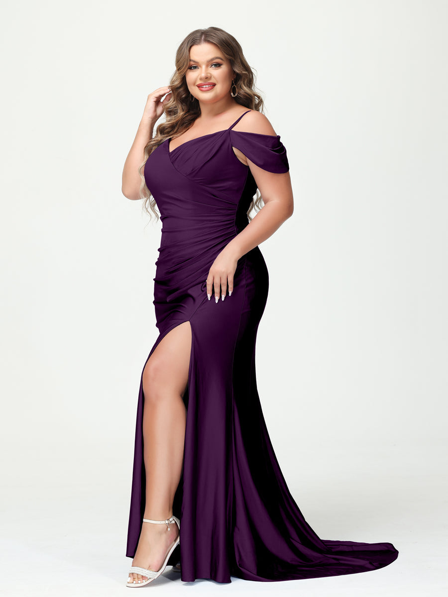 Mermaid Spaghetti Straps V-Neck Short Sleeves Plus Size Maxi Dresses with Split Side Plum