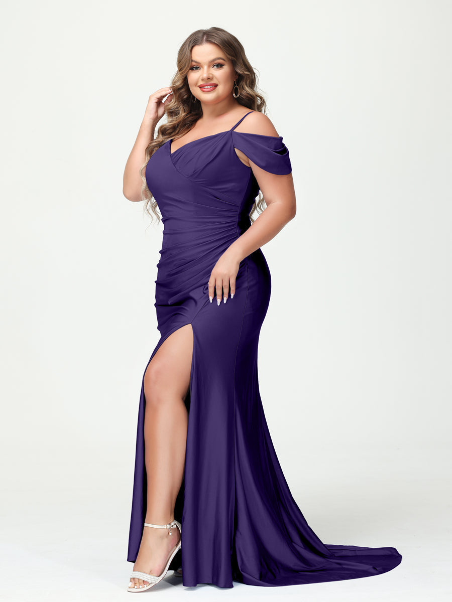 Mermaid Spaghetti Straps V-Neck Short Sleeves Plus Size Maxi Dresses with Split Side Purple