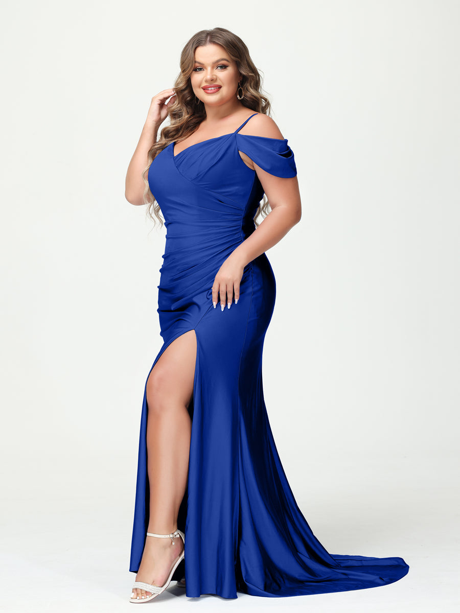 Mermaid Spaghetti Straps V-Neck Short Sleeves Plus Size Maxi Dresses with Split Side Royal Blue