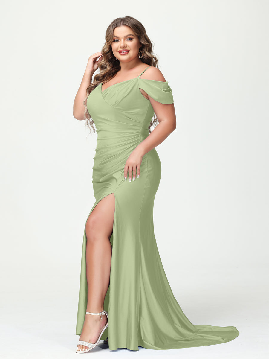Mermaid Spaghetti Straps V-Neck Short Sleeves Plus Size Maxi Dresses with Split Side Sage