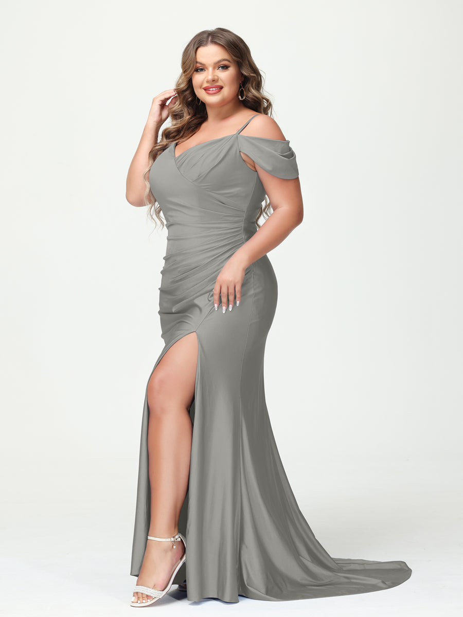 Mermaid Spaghetti Straps V-Neck Short Sleeves Plus Size Maxi Dresses with Split Side Silver Gray