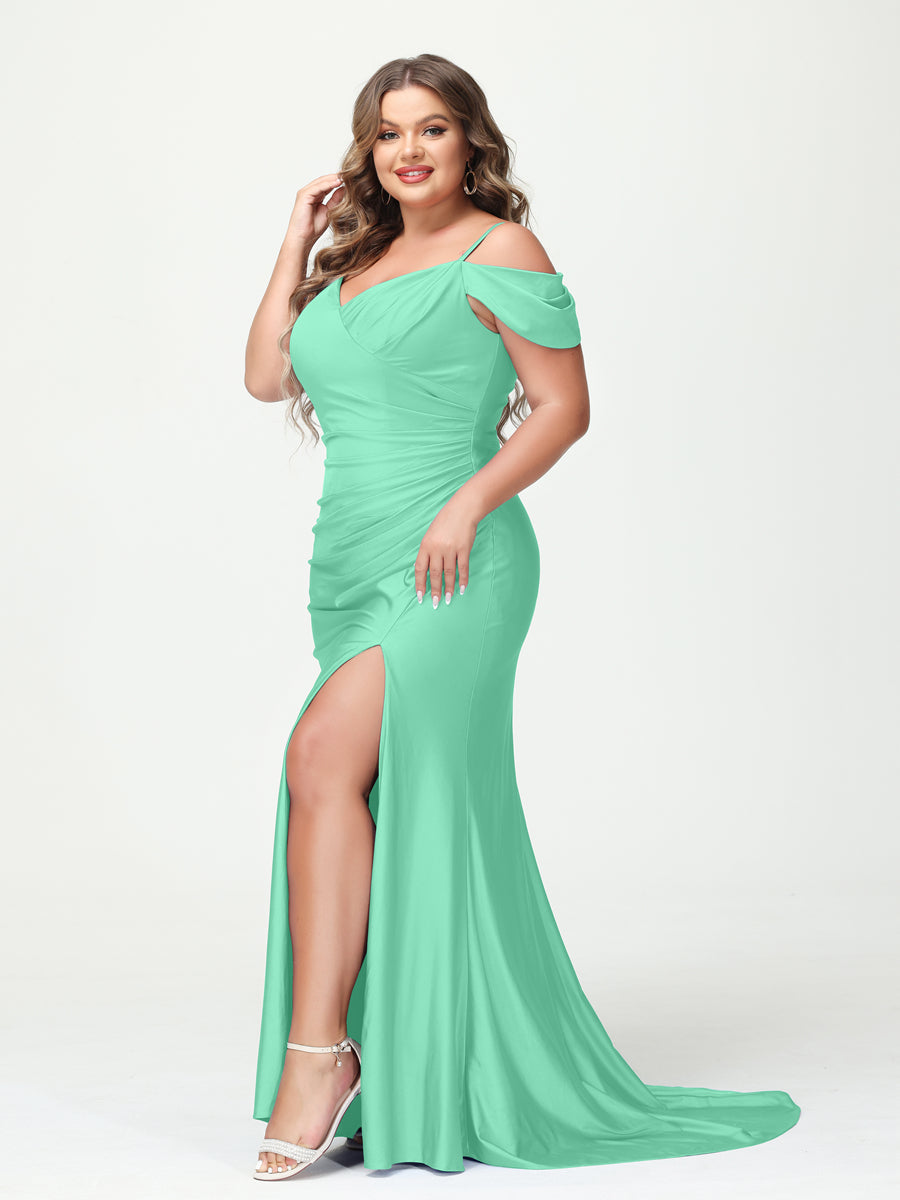 Mermaid Spaghetti Straps V-Neck Short Sleeves Plus Size Maxi Dresses with Split Side Spa