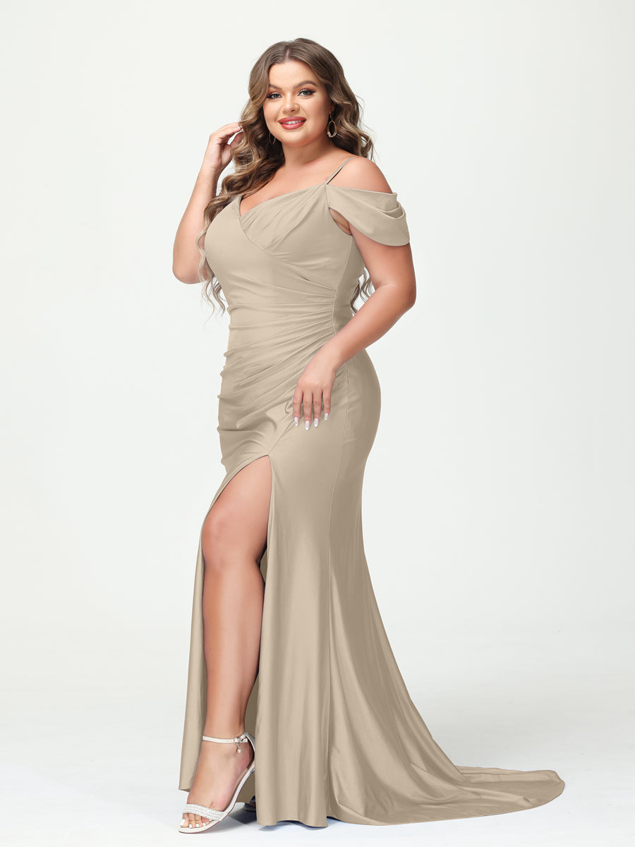 Mermaid Spaghetti Straps V-Neck Short Sleeves Plus Size Maxi Dresses with Split Side Taupe