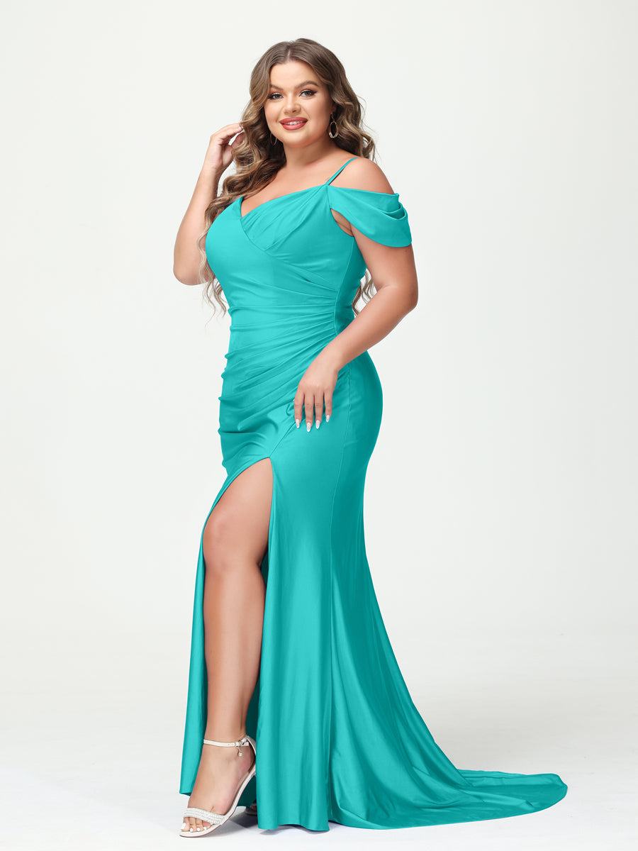 Mermaid Spaghetti Straps V-Neck Short Sleeves Plus Size Maxi Dresses with Split Side Turquoise
