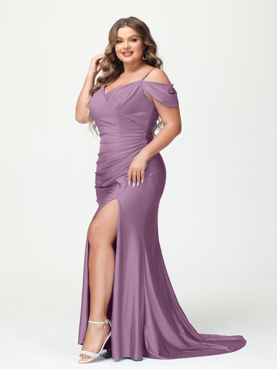 Mermaid Spaghetti Straps V-Neck Short Sleeves Plus Size Maxi Dresses with Split Side Wisteria