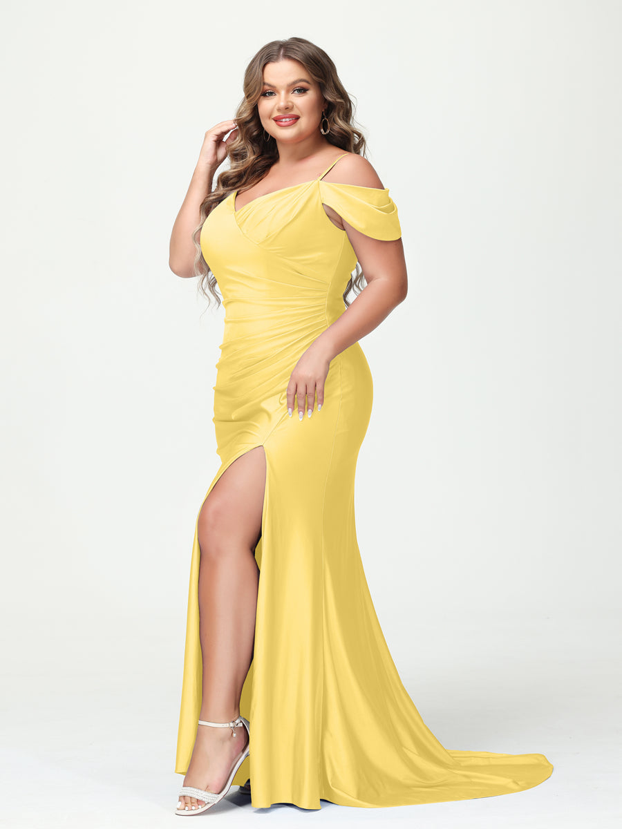 Mermaid Spaghetti Straps V-Neck Short Sleeves Plus Size Maxi Dresses with Split Side Yellow