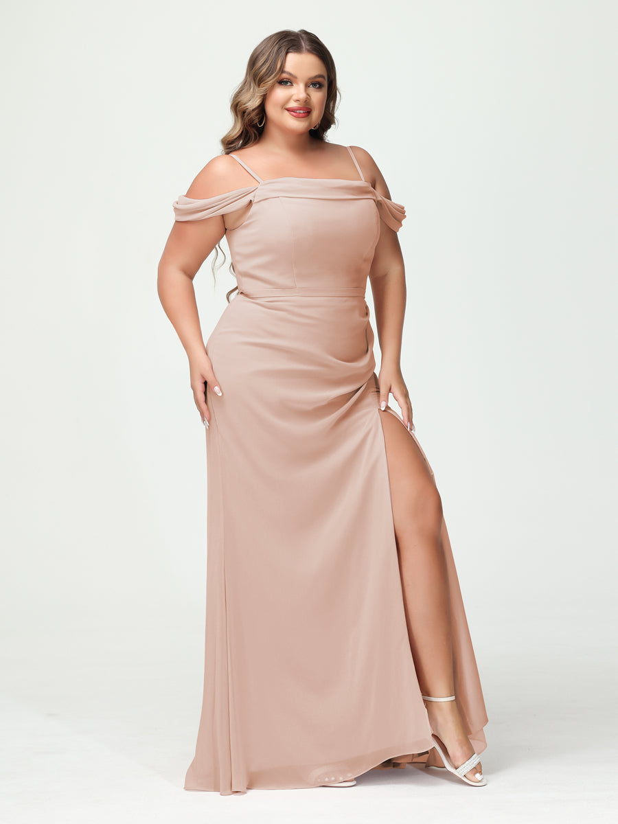 Sheath/Column Spaghetti Straps Off-the-Shoulder Chiffon Split Side Plus Size Bridesmaid Dresses Blush Pink