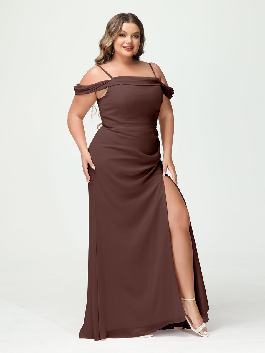 Sheath/Column Spaghetti Straps Off-the-Shoulder Chiffon Split Side Plus Size Bridesmaid Dresses Brown