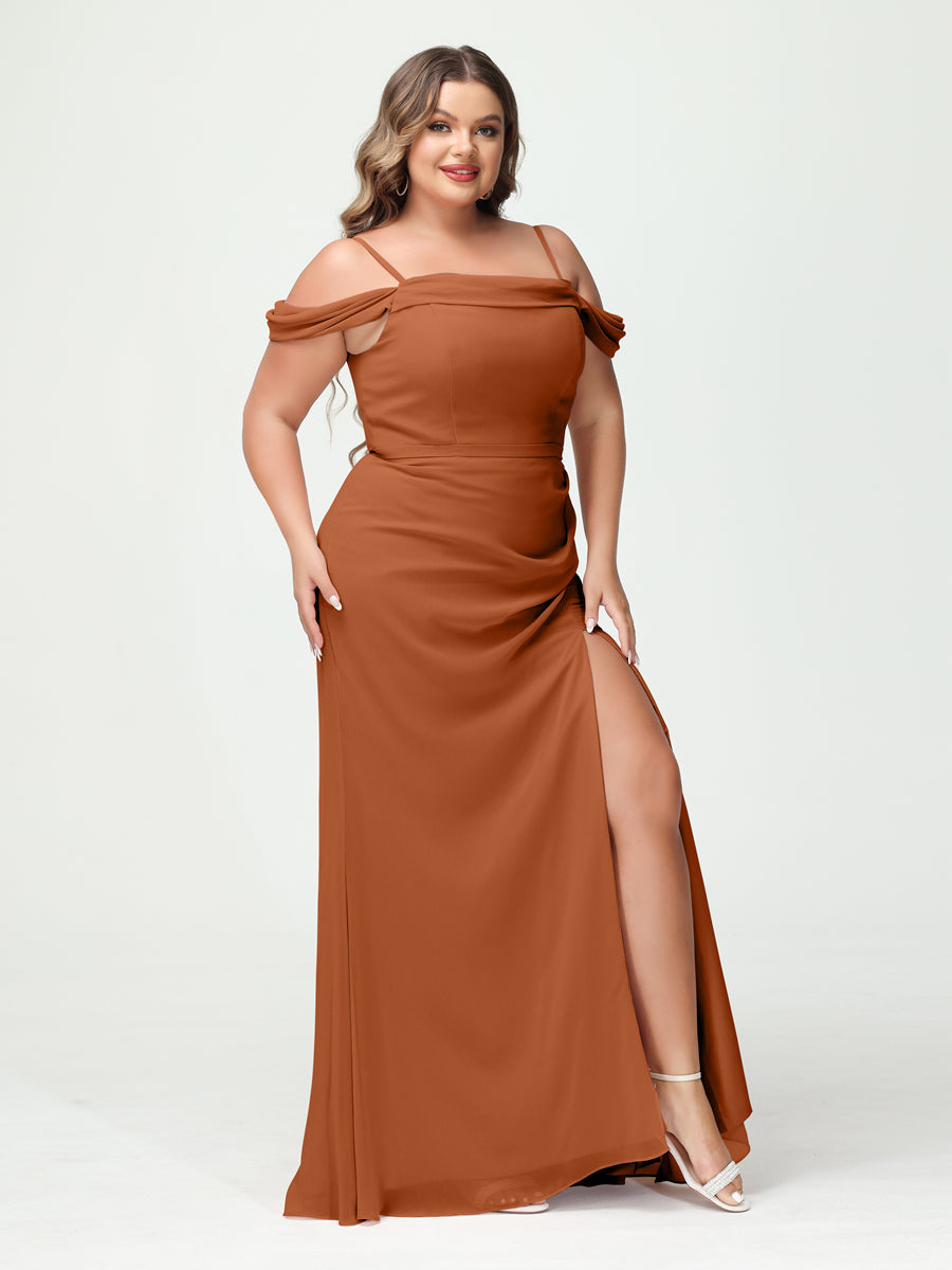 Sheath/Column Spaghetti Straps Off-the-Shoulder Chiffon Split Side Plus Size Bridesmaid Dresses Burnt Orange