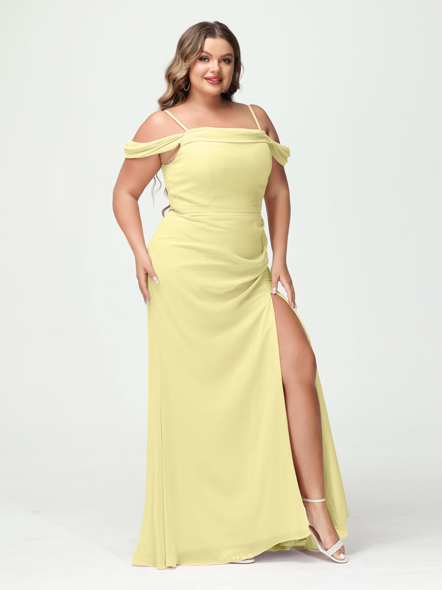 Sheath/Column Spaghetti Straps Off-the-Shoulder Chiffon Split Side Plus Size Bridesmaid Dresses Canary