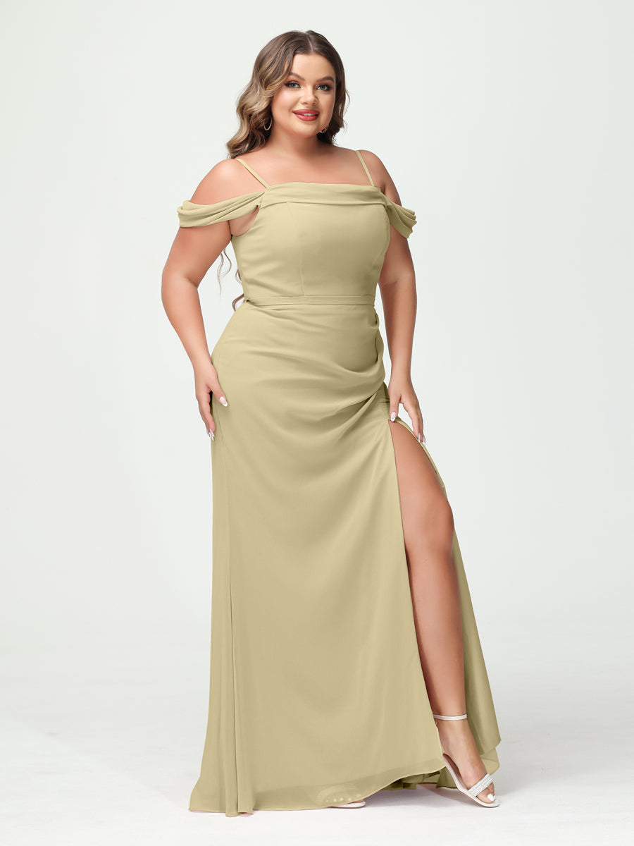 Sheath/Column Spaghetti Straps Off-the-Shoulder Chiffon Split Side Plus Size Bridesmaid Dresses Champagne