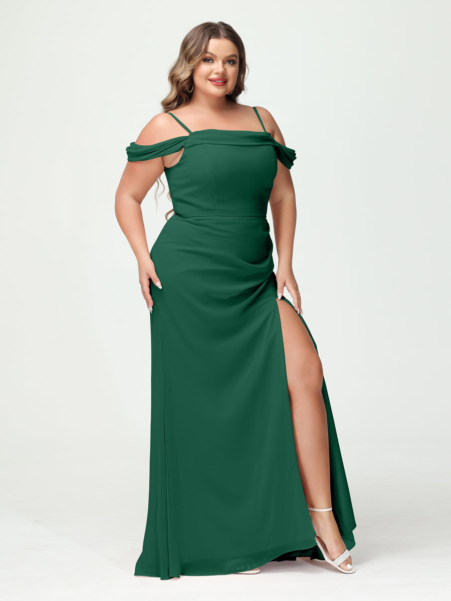 Sheath/Column Spaghetti Straps Off-the-Shoulder Chiffon Split Side Plus Size Bridesmaid Dresses Dark Green
