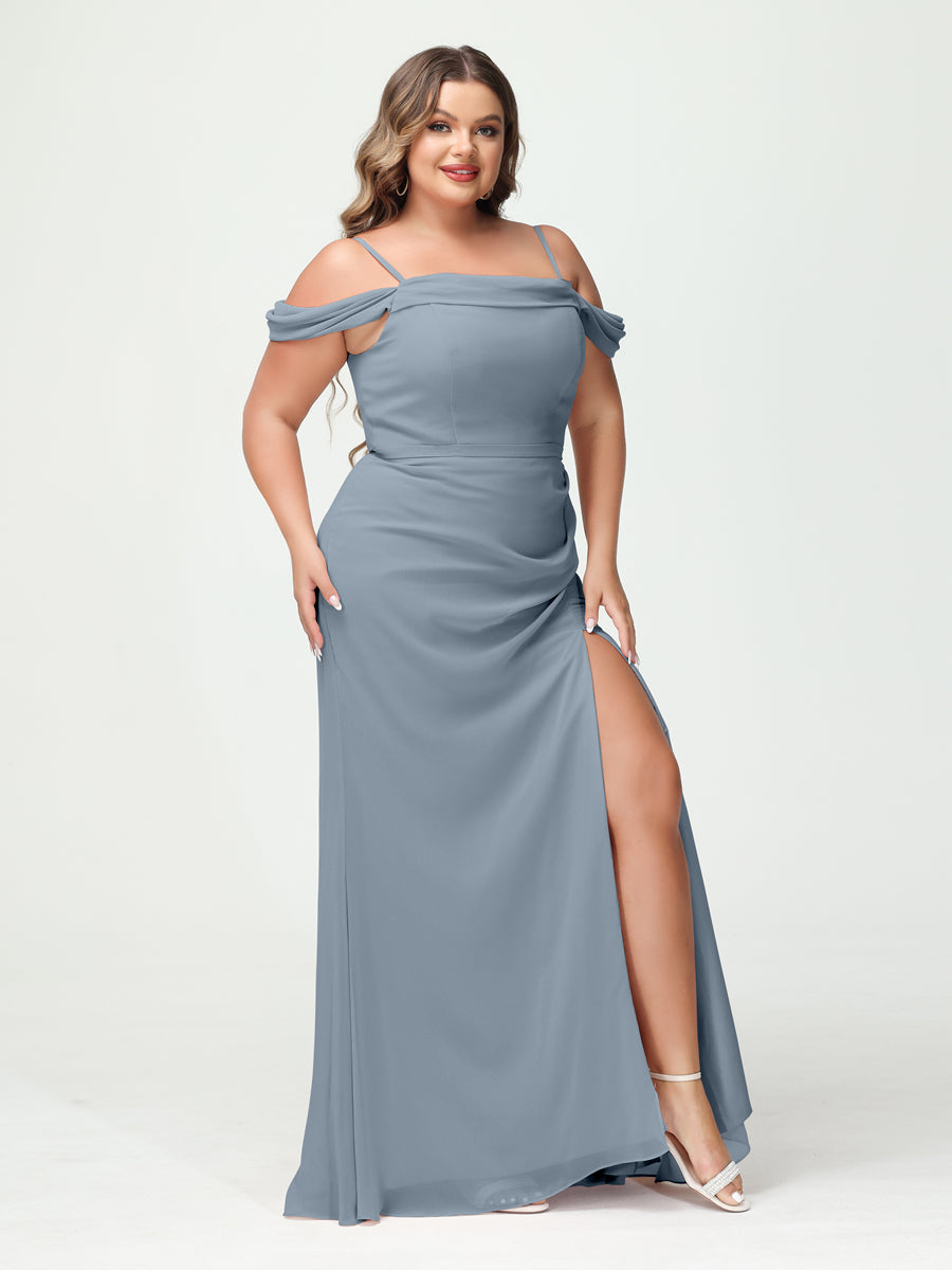 Sheath/Column Spaghetti Straps Off-the-Shoulder Chiffon Split Side Plus Size Bridesmaid Dresses Dusty Blue