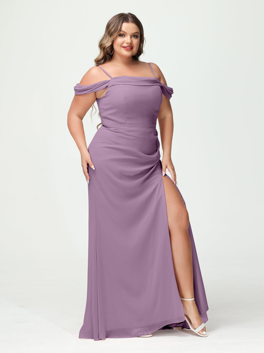 Sheath/Column Spaghetti Straps Off-the-Shoulder Chiffon Split Side Plus Size Bridesmaid Dresses Dusty Purple