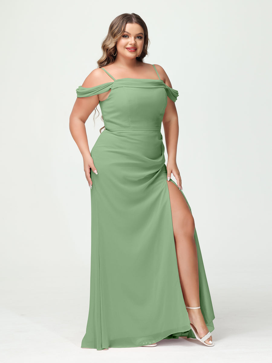 Sheath/Column Spaghetti Straps Off-the-Shoulder Chiffon Split Side Plus Size Bridesmaid Dresses Dusty Sage