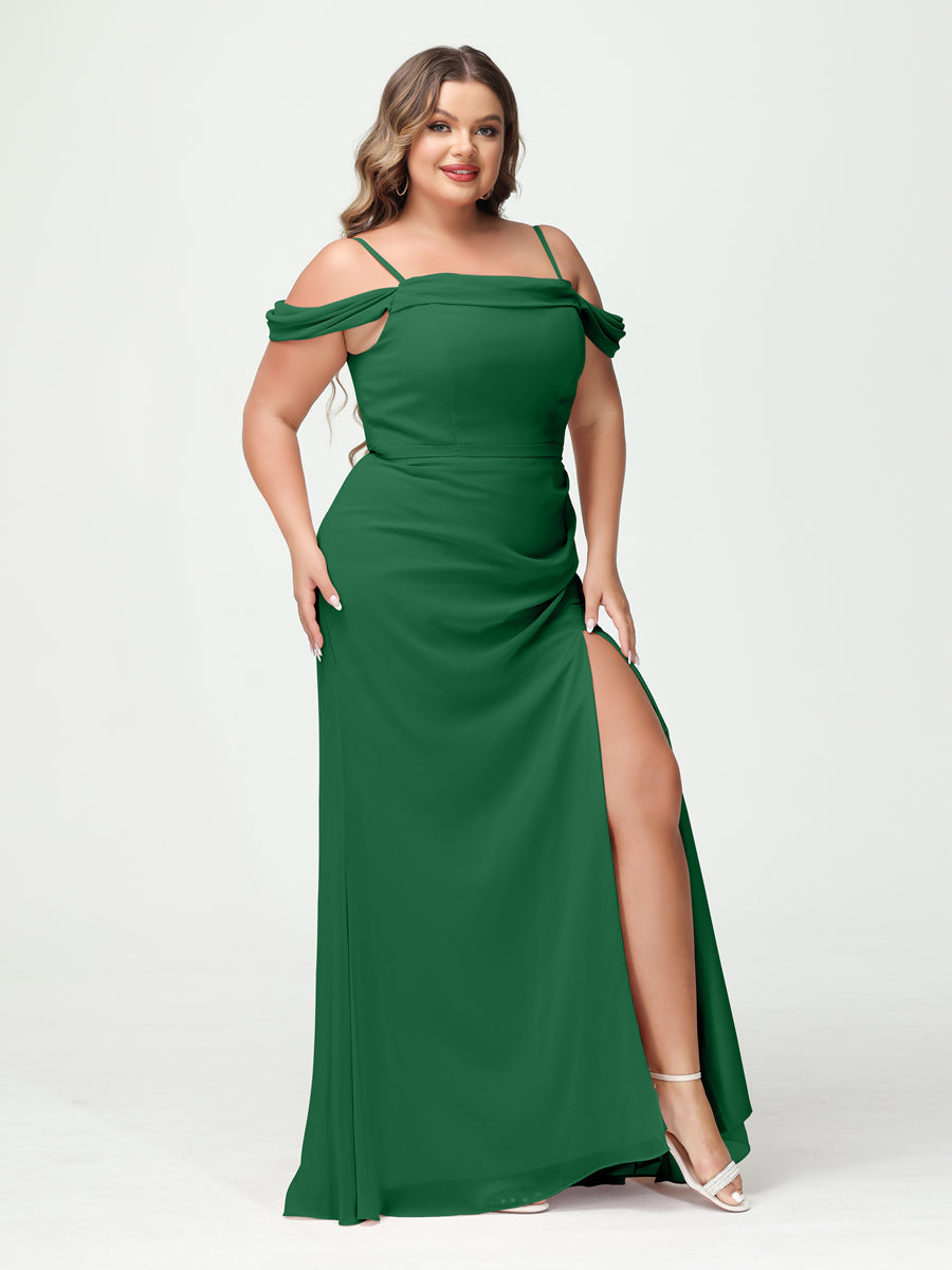 Sheath/Column Spaghetti Straps Off-the-Shoulder Chiffon Split Side Plus Size Bridesmaid Dresses Emerald