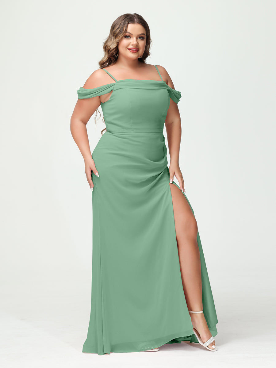 Sheath/Column Spaghetti Straps Off-the-Shoulder Chiffon Split Side Plus Size Bridesmaid Dresses Eucalyptus