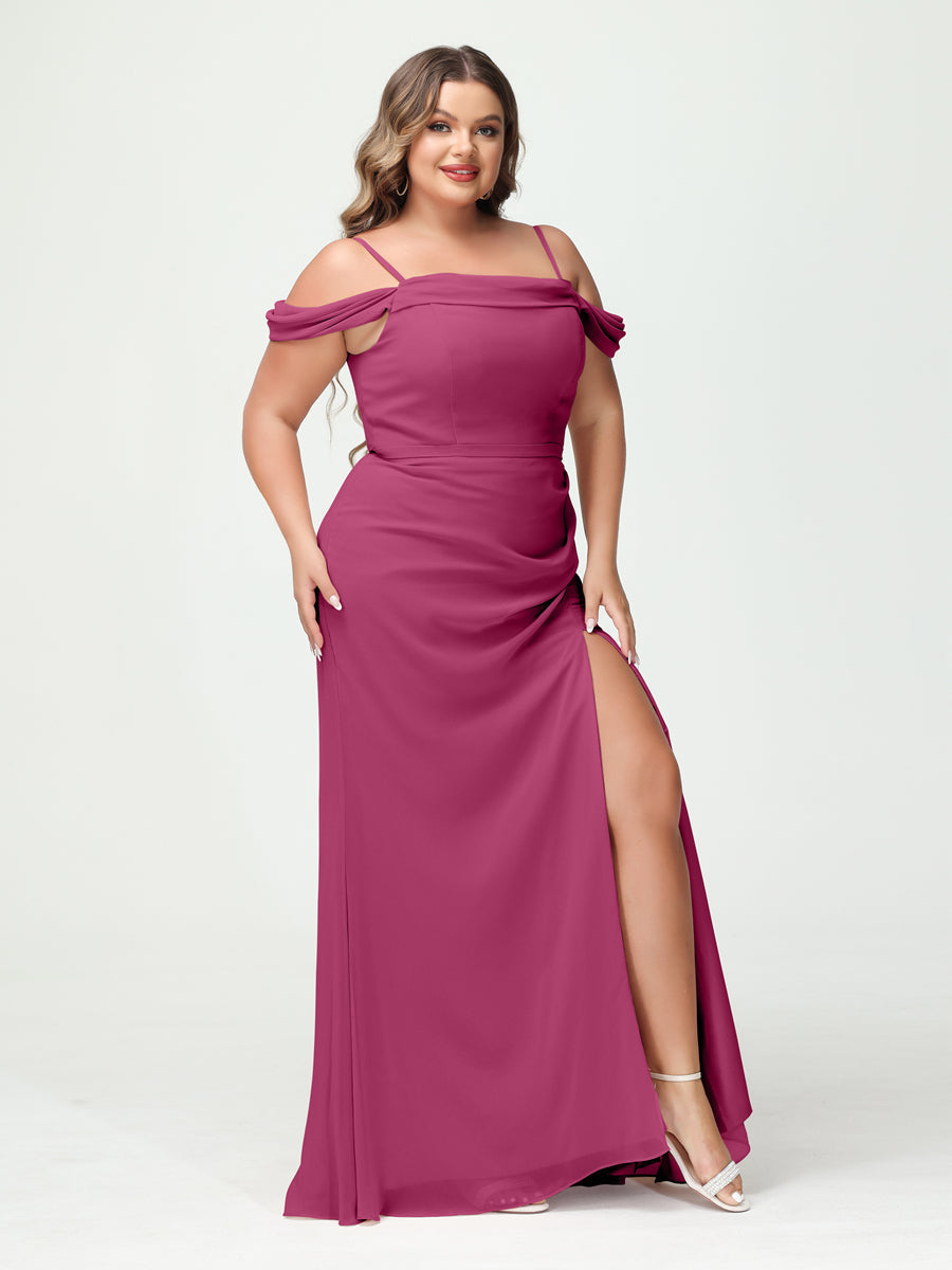 Sheath/Column Spaghetti Straps Off-the-Shoulder Chiffon Split Side Plus Size Bridesmaid Dresses Fuchsia
