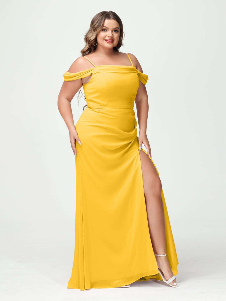 Sheath/Column Spaghetti Straps Off-the-Shoulder Chiffon Split Side Plus Size Bridesmaid Dresses Gold